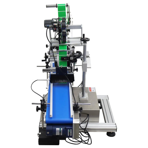 Big Time Automatic Desktop Conveyor Labeler For Flat Bottles And Merchandise Plug And Play Sticker Applicator With No Sweat Setup and Slick 110V Coding Station side view.