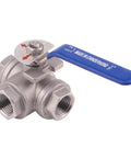DERNORD 3-way ball valve, angled view, stainless steel 304, 1/2 in NPT, blue vinyl handle, female ports
