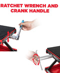 Close-up of 1200 Lbs Motorcycle Lift Scissor Jack for Dirt Bikes and ATVs with ratchet wrench and crank handle, rubber padded deck.