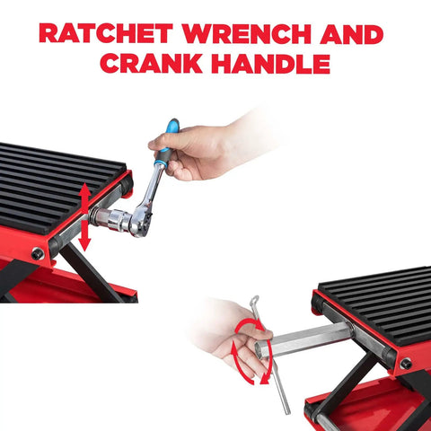 Close-up of 1200 Lbs Motorcycle Lift Scissor Jack for Dirt Bikes and ATVs with ratchet wrench and crank handle, rubber padded deck.