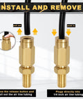 Two Pack Schrader Valve Adapter With Push To Connect Button For One Quarter Inch OD Air Hose Fittings For Semi Trucks And Trailers DOT Certified High Pressure Inflation Valve Up To Two Hundred PSI shown in installation process