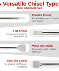 Image showing SDS Plus Masonry Chisel Set 4-Piece Pro Grade Heavy Duty Chisel Bits: pointed, flat, wide flat, and bent tile chisels.