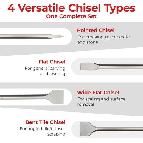 Image showing SDS Plus Masonry Chisel Set 4-Piece Pro Grade Heavy Duty Chisel Bits: pointed, flat, wide flat, and bent tile chisels.