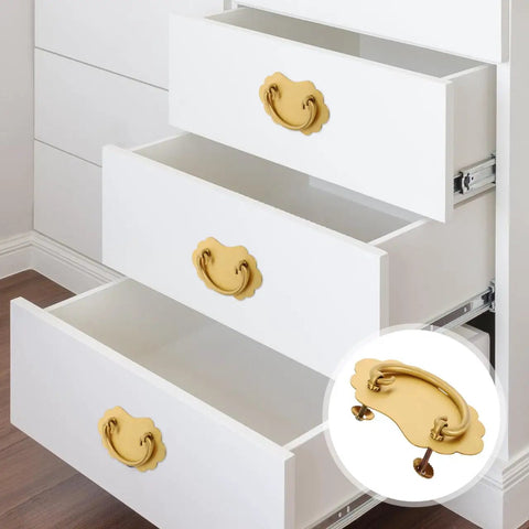 Vintage Brass Drawer Handles Two Hole for Chinese Style Furniture installed on white dresser drawers