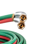 Close-up of 3/8 in Grade T cutting torch hose with B fittings, part of Three Eighths Inch Grade T Cutting Torch Hose For Oxygen And Acetylene Welding Gas With B Fittings And Strain Relief 25 Feet Built Tough Flame And Oil Resistant Hose Pro Shop Ready 1 Year USA Warranty, showing red and green rubber coil