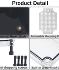 IP67 Waterproof ABS Black Junction Box Enclosure details showing brass studs, mounting plate, screws, and waterproof seal.