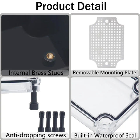 IP67 Waterproof ABS Black Junction Box Enclosure details showing brass studs, mounting plate, screws, and waterproof seal.