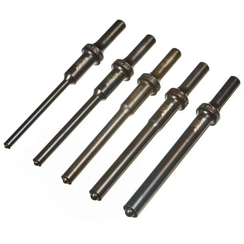 Pneumatic Roll Pin Punch Set 5 Piece For Driving And Removing Hollow Roll Pins Parker Shanks Hardened Tool Steel USA Made Pro Grade