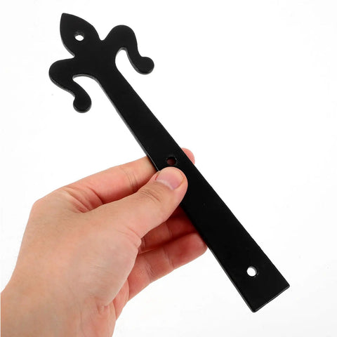 Person holding decorative black hinge for 8 Inch Weld On Garage Door Hinges Detachable Slip Joint Metal Hinges For Wood Barn Doors Gates And Cabinets Home And Workshop Hardware Heavy Duty Durable Hinges For Everyday Door Projects Workhorse Grade