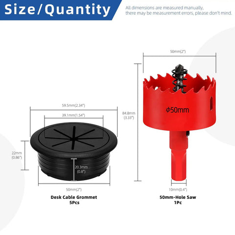 Slick Two Inch Desk Cable Grommets With Rapid Hole Saw And Fifteen Nylon Strap Ties For No Brainer Wire Routing And Tight Cord Setup On Your Modern Office Or Home Desktop Pack Of Ten dimensions and size illustration.