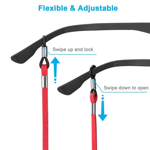 Red 5 Pack Premium Leather Eyeglass Straps Anti Slip Eyewear Chains Lanyard detail showing adjustable retainers in use