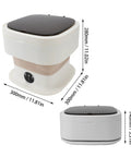 Ultra Compact Foldable Portable Washing Machine with Two In One Wash And Dry Combo Function shown from top and side angles with dimensions.