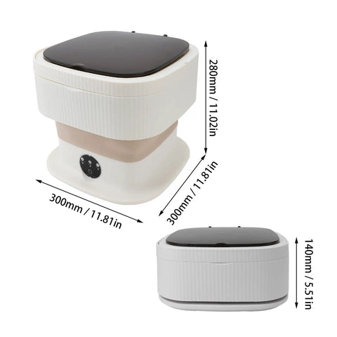 Ultra Compact Foldable Portable Washing Machine with Two In One Wash And Dry Combo Function shown from top and side angles with dimensions.