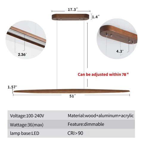 51 Inch Walnut Wood Linear Pendant Light For Kitchen Island And Dining Room featuring adjustable height and sleek design details.