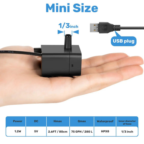 Mini Submersible Pump For Fish Tanks And Fountains Ultra Quiet 5V USB Water Pump shown on hand for size comparison.
