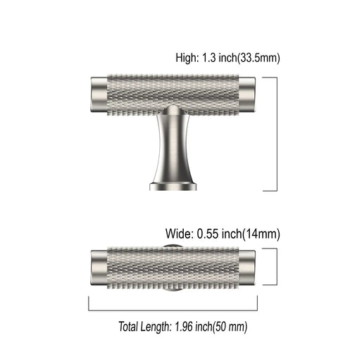 Close-up of 10 Pack Knurled Champagne Bronze Kitchen Cabinet Knobs Gold Dresser Drawer Knobs Single Hole T Bar Pull Handles dimensions.