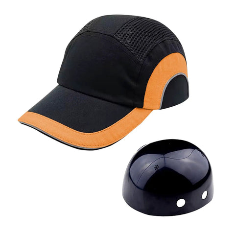 Lightweight Safety Bump Cap With ABS Insert For Low Risk Job Sites Breathable Baseball Style Head Protection With Reflective Stripes Cotton Shell Black And Orange
