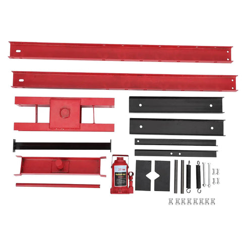 Built Tough Shop Rig 20 Ton Hydraulic Bench Press parts including red and black steel components for automotive repair and metal bending.