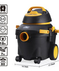 Heavy Duty Wet And Dry Shop Vacuum With 4 Gallon Tank And 5.5 Peak HP SVX2 Motor, 3 In 1 Portable Vacuum on cart with dimensions shown.