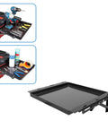 Heavy Duty Foldable Work Table With Removable Magnetic Tool Tray Versatile Mobile Workbench Quick Assemble showing magnetic tool tray and tools.