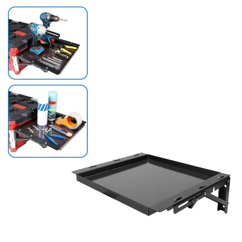 Heavy Duty Foldable Work Table With Removable Magnetic Tool Tray Versatile Mobile Workbench Quick Assemble showing magnetic tool tray and tools.
