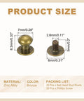 7 mm Leather Rivets Set Bronze Ball Head Stud Screw Back Round Head Button Chicago Style Nipple Rivets For Leather DIY Craft Handbags Belts Repairs, 20 Sets illustration showing size and material details.