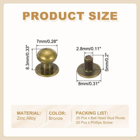 7 mm Leather Rivets Set Bronze Ball Head Stud Screw Back Round Head Button Chicago Style Nipple Rivets For Leather DIY Craft Handbags Belts Repairs, 20 Sets illustration showing size and material details.