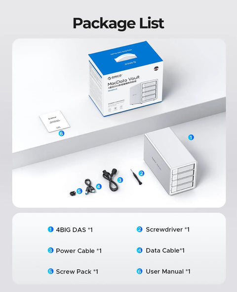 Four Bay Raid External Hard Drive Enclosure With Usb 3.0 package list including power cable, data cable, and manual.