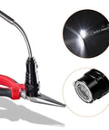 Close-up of extendable magnetic flashlight tool with LED light and red handles, ideal for tight spaces and DIY tasks.
