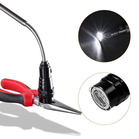 Close-up of extendable magnetic flashlight tool with LED light and red handles, ideal for tight spaces and DIY tasks.