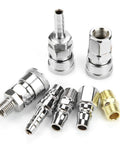 Solid 18-Piece 1/4 Inch Air Compressor Quick Connect Hose Fitting Set With Pneumatic Iron Arrow Case, Double Male And Female Adapters For All Your Air Tools And Hose Extensions. 1/4-inch metal air hose fittings shown with male and female ends
