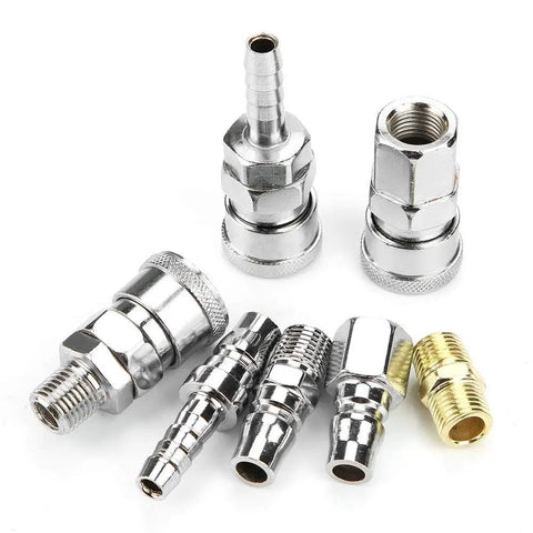 Solid 18-Piece 1/4 Inch Air Compressor Quick Connect Hose Fitting Set With Pneumatic Iron Arrow Case, Double Male And Female Adapters For All Your Air Tools And Hose Extensions. 1/4-inch metal air hose fittings shown with male and female ends