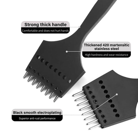 Close-up of black leather stitching punch set with pricking irons, highlighting strong thick handle and martensitic stainless steel.