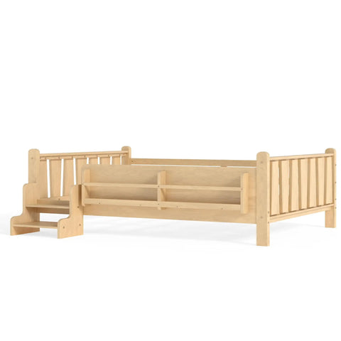 Toddler Floor Bed With Storage Bookcases and Easy Access Stairs safe guardrails all around no box spring needed light natural finish