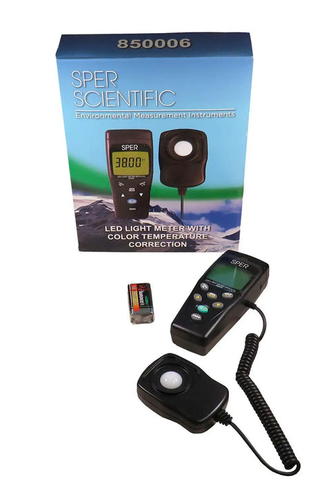 LED Light Meter With Color Temperature Compensation For Accurate Lux And Foot Candle Readings, boxed handheld meter with sensor and battery