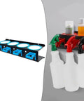 Badass Cold Rolled Steel Wall Mounted Spray Bottle Holder Locks Down Four Cans For Detailing with blue slots for organization.