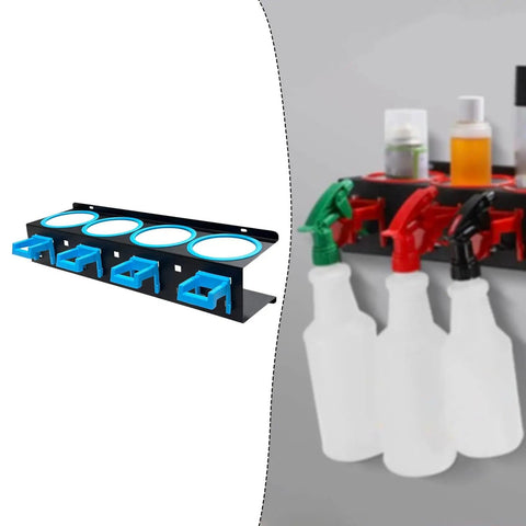 Badass Cold Rolled Steel Wall Mounted Spray Bottle Holder Locks Down Four Cans For Detailing with blue slots for organization.