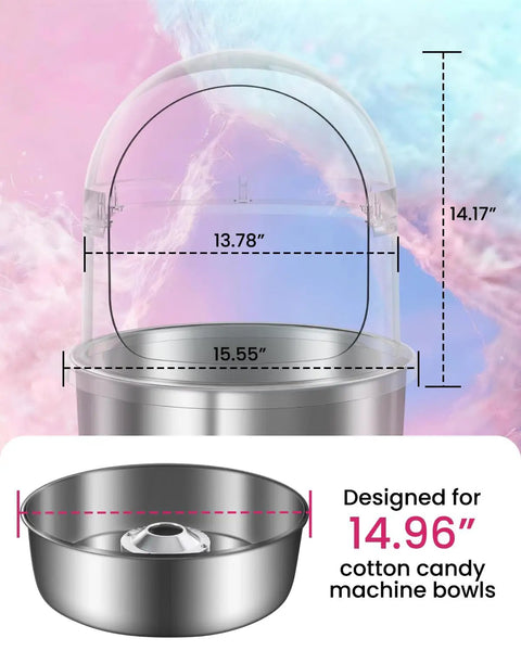 Clear Acrylic Dome Cotton Candy Machine Cover For 15 Inch Bowls Fits 14.96 Inch Commercial Floss Makers Detachable Design Party Ready For Parties Shops And Events showing size dimensions.