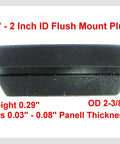 Side view of 2 Inch Flush Mount Black Polyethylene Hole Plug for Sheet Metal, details on size and thickness; pack of 10
