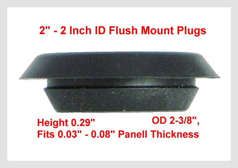 Side view of 2 Inch Flush Mount Black Polyethylene Hole Plug for Sheet Metal, details on size and thickness; pack of 10