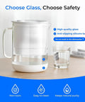 Glass Water Filter Pitcher, 7-Cup Capacity, Eco Friendly And BPA Free on table next to glass, white, easy to clean