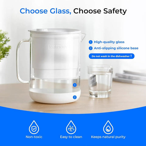 Glass Water Filter Pitcher, 7-Cup Capacity, Eco Friendly And BPA Free on table next to glass, white, easy to clean