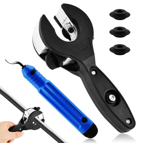 Ratcheting Tubing Cutter For Copper And Pex Pipes With 360 Degree Cut Adjustable From Five Sixteenths To One And One Eighth Inch Includes Deburring Tool And Four Bearing Blades Compact Handheld Plumbing Tool For Tight Spaces, shown in use with blue handle