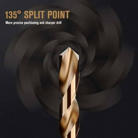 Heavy Duty 115 Piece M35 Cobalt Drill Bit Set Fractional Letter Numbered Jobber Length High Speed Steel Kit showing 135° split point drill bit for precise cutting.