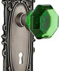 Victorian Plate With Keyhole Double Dummy Waldorf Emerald Door Knob In Antique Pewter, Solid Forged Brass Plates With Lead Crystal Knobs