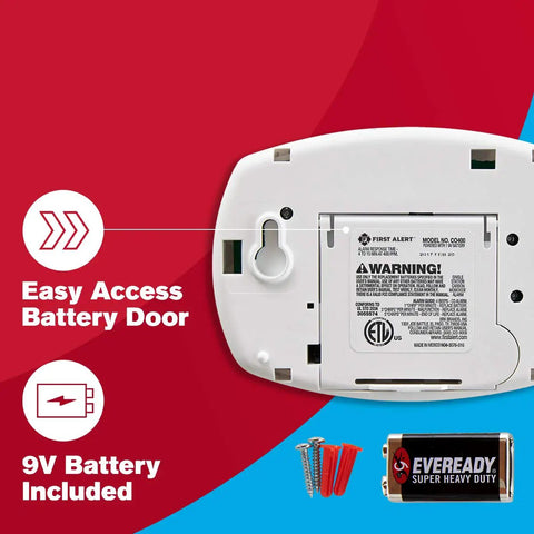 Back view of Battery Operated Carbon Monoxide Alarm 6 Pack With Advanced Electrochemical Sensor, showing easy access battery door.