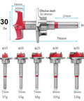 SagaSave 30mm adjustable Forstner drill bit with depth gauge; red cutter head on metal shank (front view).