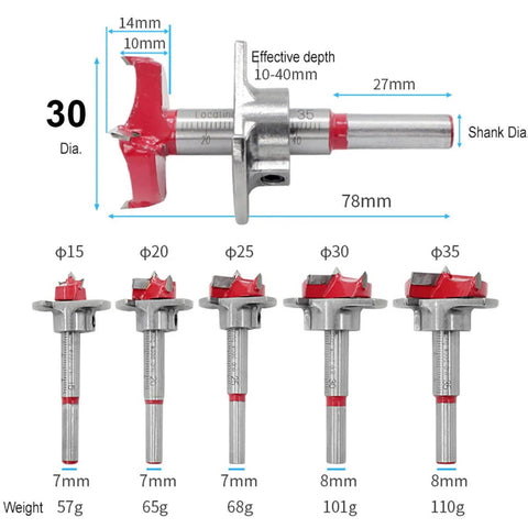 SagaSave 30mm adjustable Forstner drill bit with depth gauge; red cutter head on metal shank (front view).