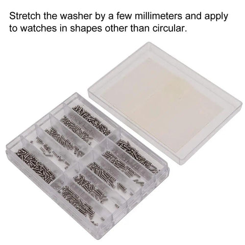 Pro Level Stainless Steel Crosshead Screws For Watch Case Back Repair With Several Precision Sizes Arranged Inside A Secure Labeled Storage Bin Silver Edition in a transparent storage box.