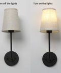 Rustic Vintage Wall Sconce Set Of 2 With Flared Funnel Linen Shade Matte Black Bedside Lamps for cozy indoor lighting
